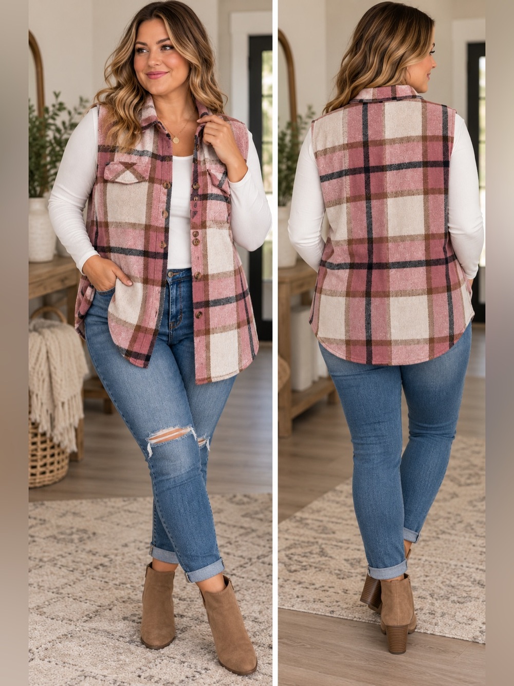Pink Plaid Sleeveless Shacket Vest Button Front Flannel 1X Plus Size